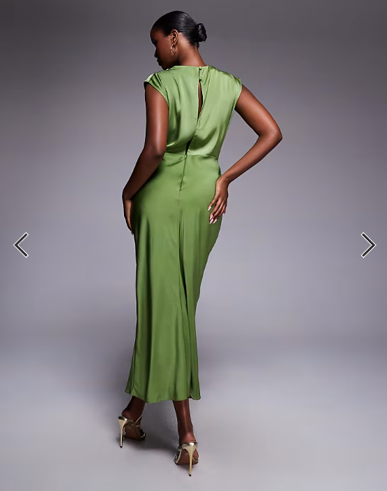 ASOS DESIGN satin high neck pleated bodice midi dress in olive green
