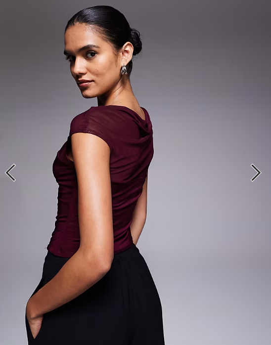 ASOS DESIGN mesh slinky mix slash neck top in berry