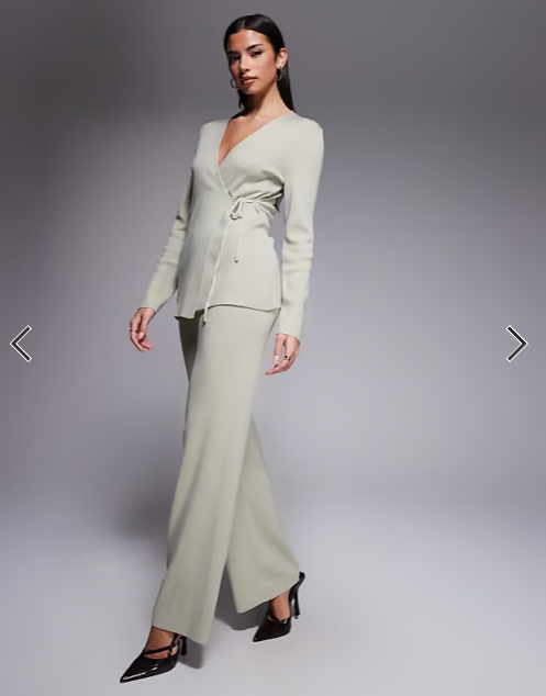 Kaiia exclusive ribbed knit wrap front top co-ord in sage