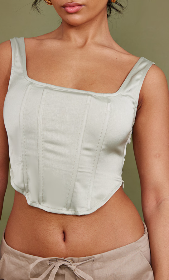 Pale Olive Sculpt Satin Boned Corset