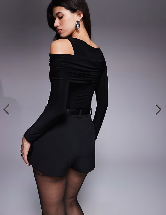 ASOS DESIGN cold shoulder drape slinky bodysuit in black