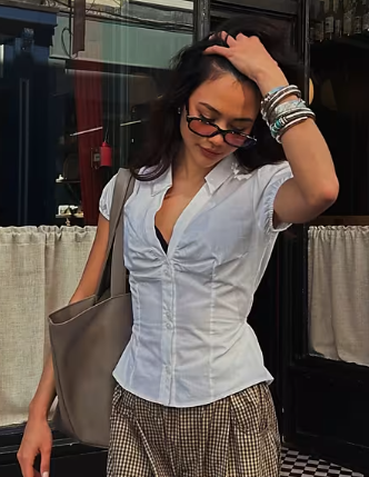 Bershka Short sleeve poplin shirt with bow in white