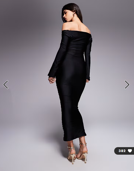 Ruched & Ready You Wish sculpted high shine off shoulder sweetheart neck maxi dress in black