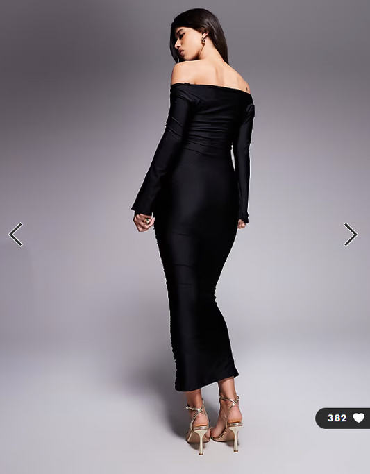 Ruched & Ready You Wish sculpted high shine off shoulder sweetheart neck maxi dress in black