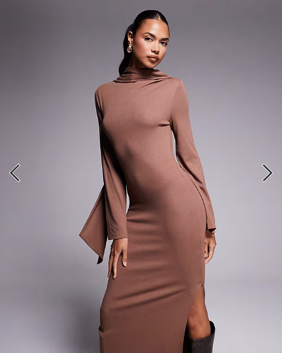 ASOS DESIGN scarf detail fluted sleeve midi dress in brown