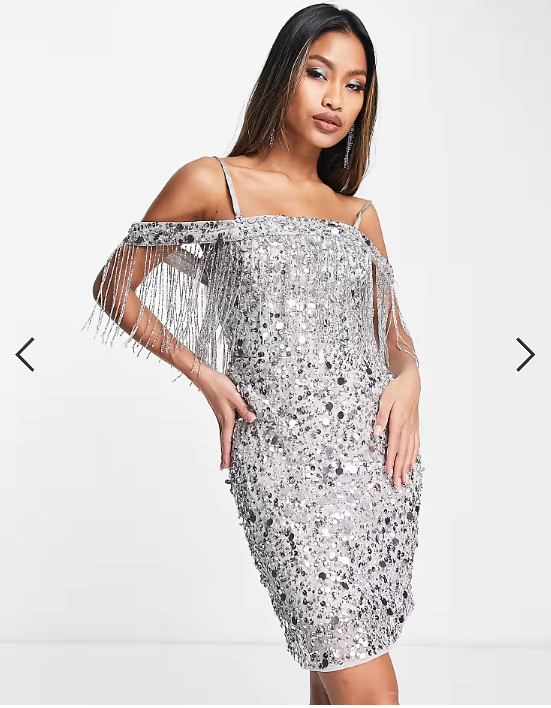 River Island tassel bardot sequin mini dress in silver