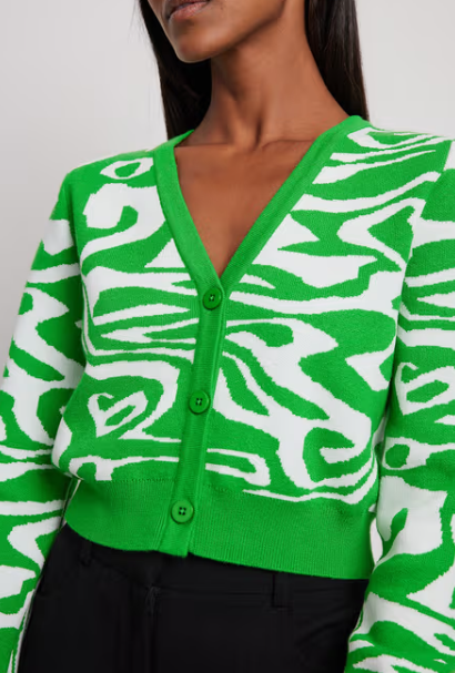 Na-kd -  Jacquard Knitted Cropped Cardigan Green & White