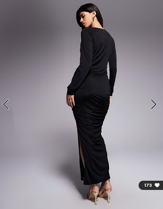 Ruched & Ready sculpted asymmetric cut out gold hardware detail bodycon maxi dress in black