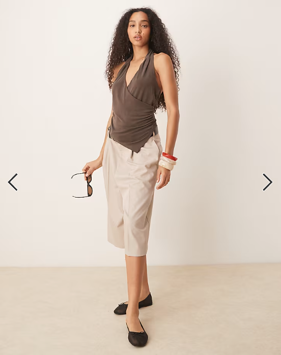 Mango asymmetric halter neck top with ruched cinch waist detail in mocha brown