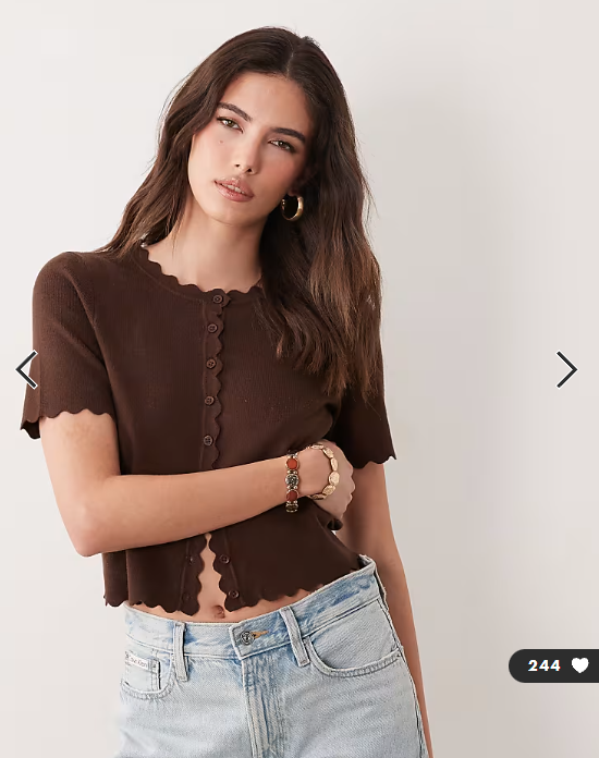 Brave Soul scallop edge short sleeve cardigan in chocolate brown