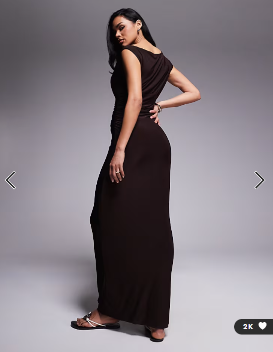Fashionkilla exclusive double sculpted slinky sleeveless asymmetric neck ruched bodycon maxi dress in chocolate