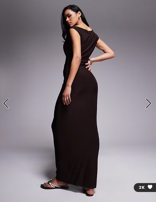 Fashionkilla exclusive double sculpted slinky sleeveless asymmetric neck ruched bodycon maxi dress in chocolate