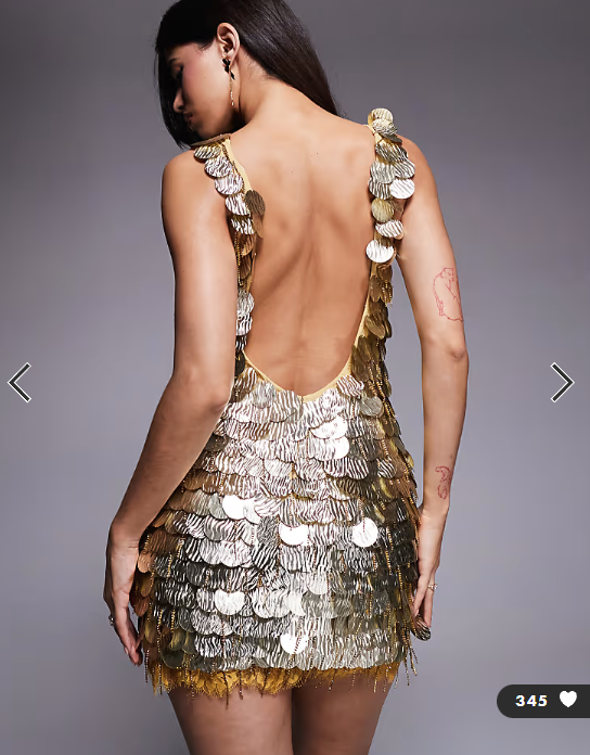 ASOS DESIGN disc embellished curved neckline shift dress with lace underlay in gold
