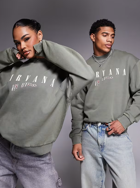 ASOS DESIGN unisex boxy Relaxed sweatshirt with Nirvana prints in washed khaki
