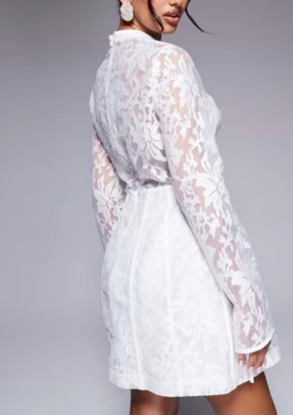 ASOS LUXE jacquard lace long sleeve caged mini dress in white
