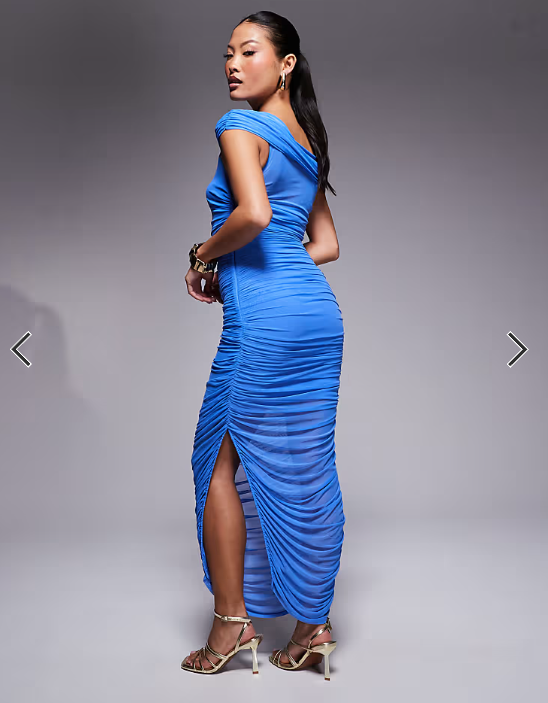 Ever New Petite mesh ruched asymmetric midaxi dress in deep blue