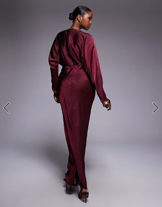 ASOS DESIGN satin batwing maxi dress in burgundy