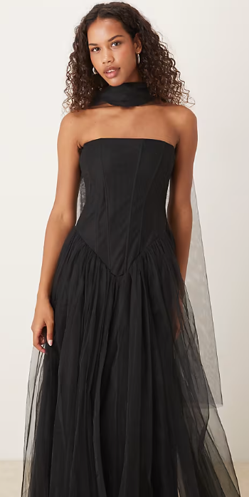 Asos - Lace & Beads strapless drop hem corset maxi with neck scarf in black
