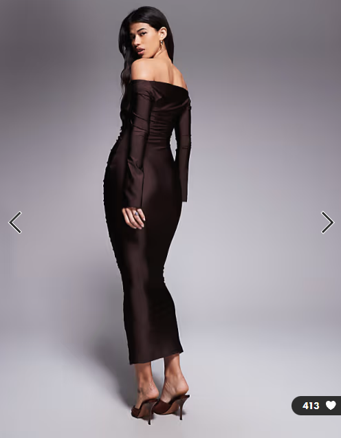 Ruched & Ready You Wish sculpted high shine off shoulder sweetheart neck maxi dress in chocolate