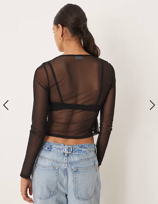 ASOS DESIGN mesh lace trim long sleeve tie front top in black
