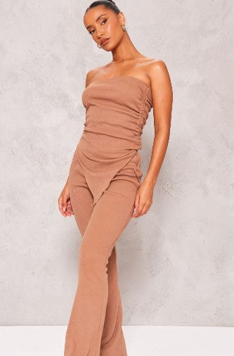 Taupe Bandeau Asymmetric Ribbed Flared Jumpsuit