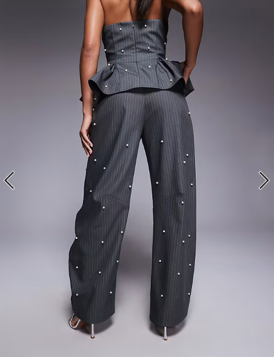 ASOS LUXE co-ord barrel trouser with pearls in grey pinstripe