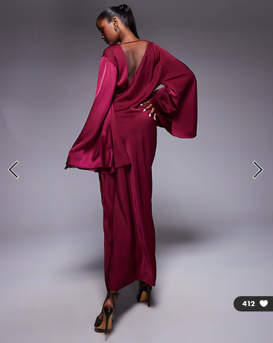ASOS DESIGN satin asymmetric neckline long sleeve maxi dress with channel detail in berry