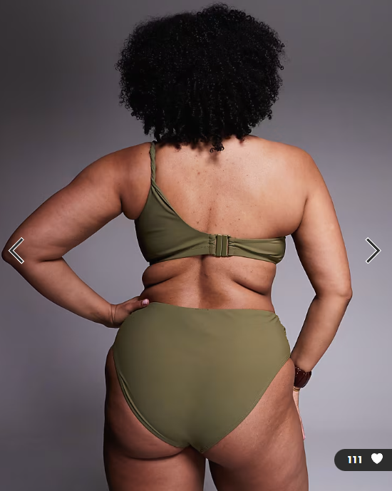 ASOS DESIGN Curve Tina Twisted paper touch one shoulder crop bikini top in khaki