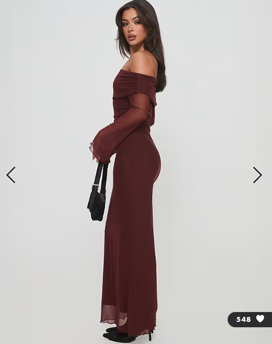 Princess Polly - consideration mesh bardot flare sleeve lettuce edge maxi dress in chocolate