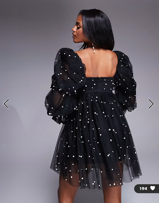 ASOS LUXE tulle baby doll dress with pearl embellishment in black