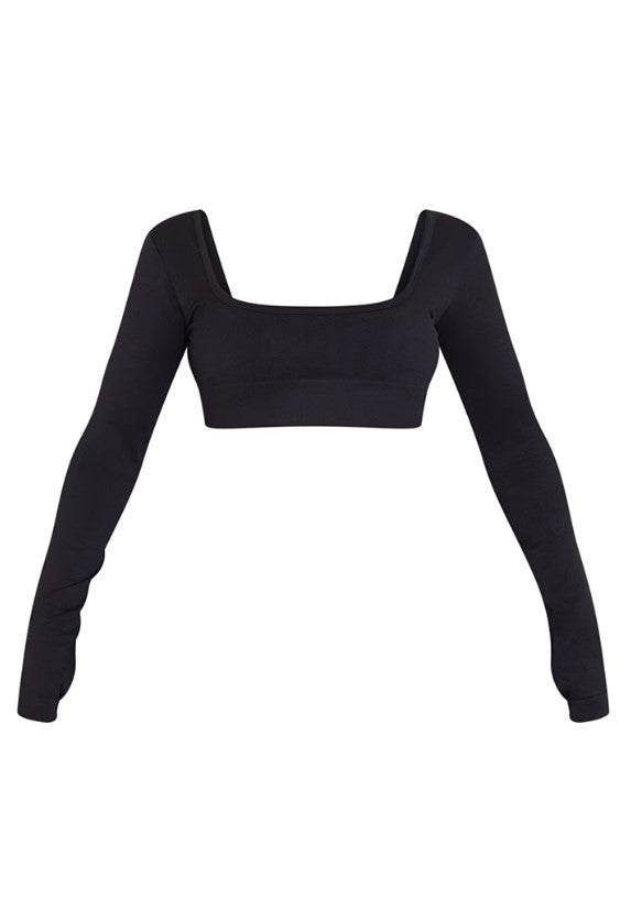 Black Seamless Basic Square Neck Long Sleeve Gym Top