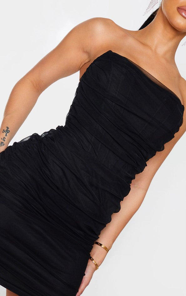 Shape Black Mesh Corset Detail Ruched Bodycon Dress