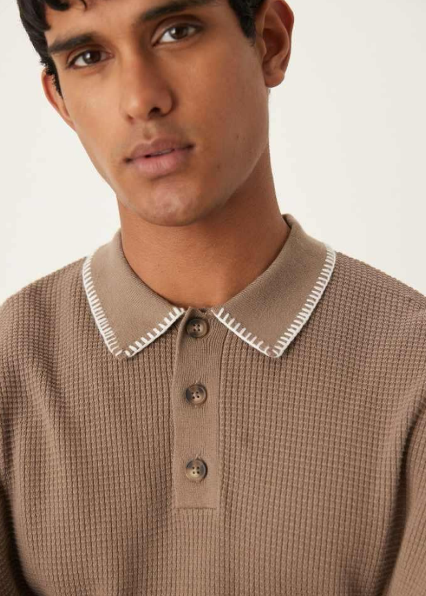 ASOS DESIGN oversized knitted polo with blanket stitch details in brown