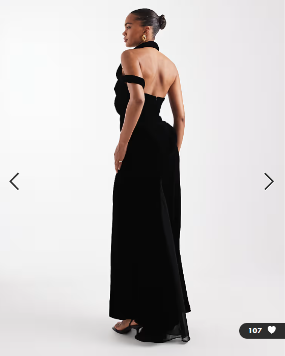 ASOS DESIGN padded neckline velvet maxi dress with sheer godet panels and train in black