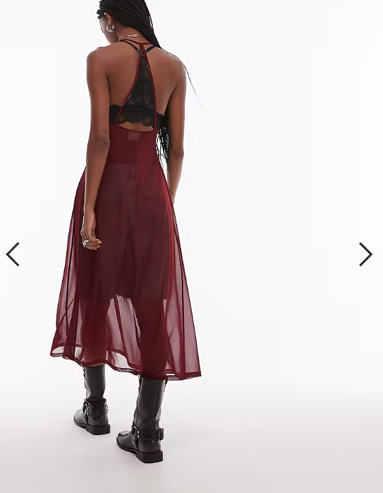 ASOS DESIGN sheer mesh maxi slip dress in burgundy