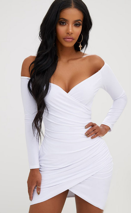 Shape White Ruched Bardot Bodycon Dress