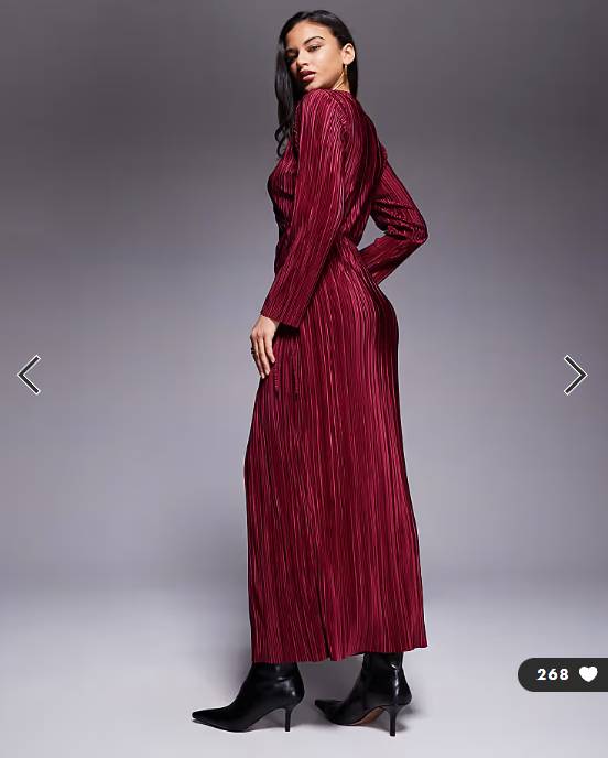 ASOS DESIGN plisse long sleeve wrap tie waist maxi dress in wine