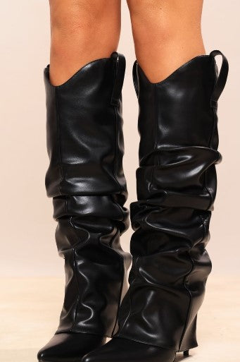 Black PU Point Toe Fold Over High Heeled Knee Boots