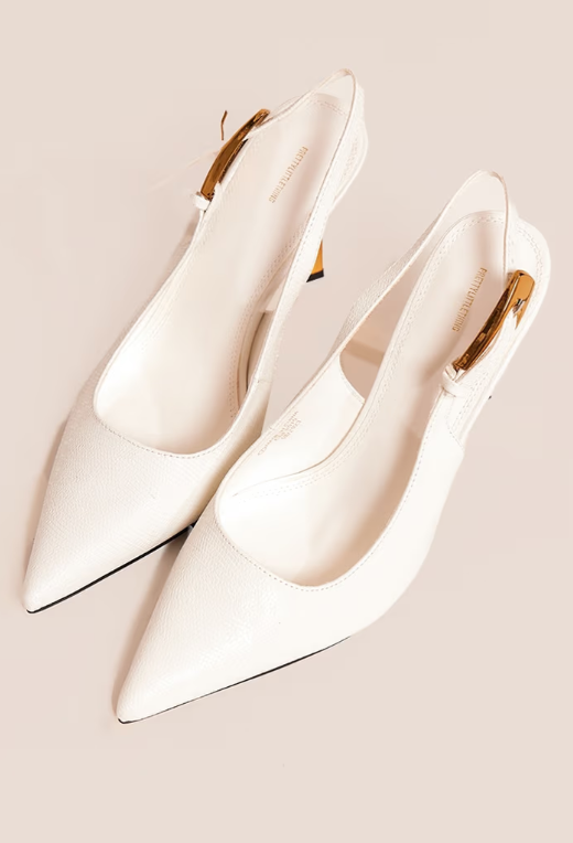 Plt - White PU Point Toe Croc Sling Back High Heeled Court Shoes