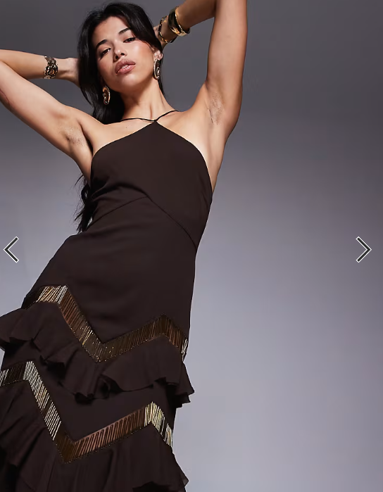 ASOS DESIGN halter neck tiered embellished ruffle maxi dress in chocolate