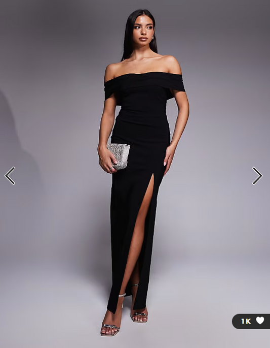 Vesper bengaline cross front off shoulder maxi dress in black