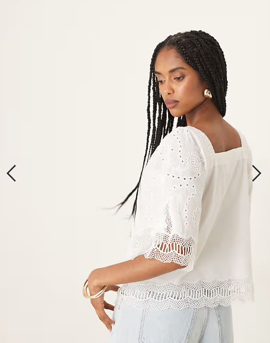 YAS crochet trim tie front square neck blouse in white