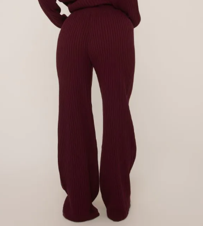 High Waist Swirl Graphic Wide Leg Trousers In Burgundy Rib Knit