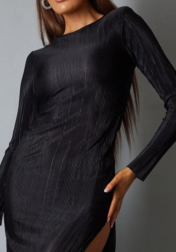 Black Plisse Long Sleeve Split Detail Midi Dress