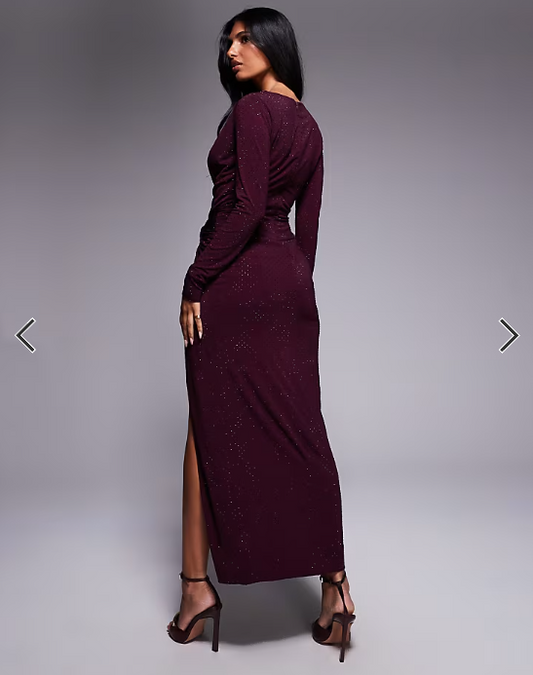 TFNC cowl front embelished maxi dress with thigh split in cherry