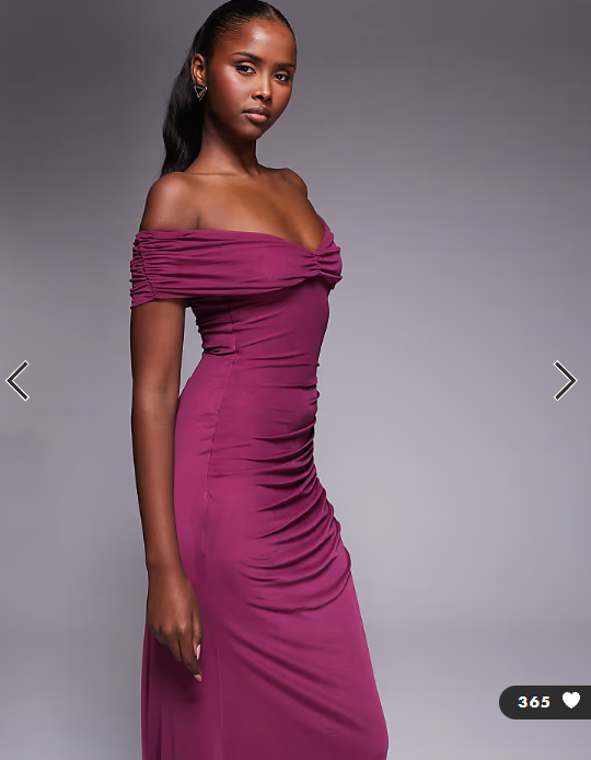ASOS DESIGN mesh off shoulder ruched maxi dress in plum