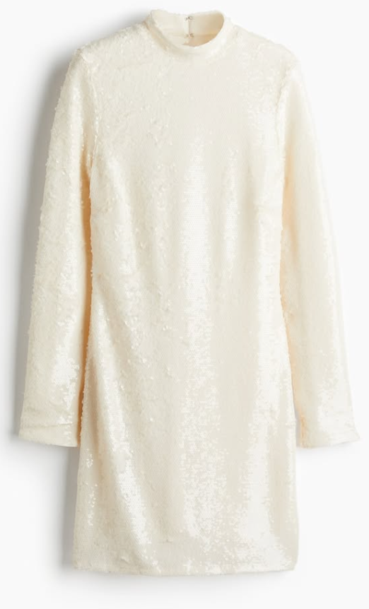 H&M - SEQUINED TURTLENECK DRESS - Cream