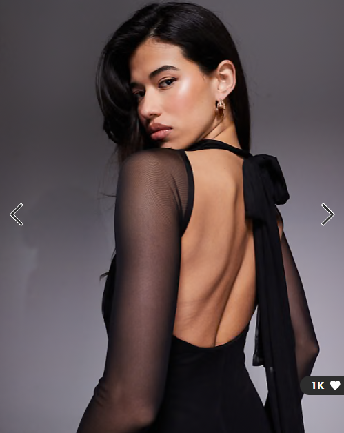 ASOS DESIGN mesh long sleeve twist bust detail halter maxi dress in black