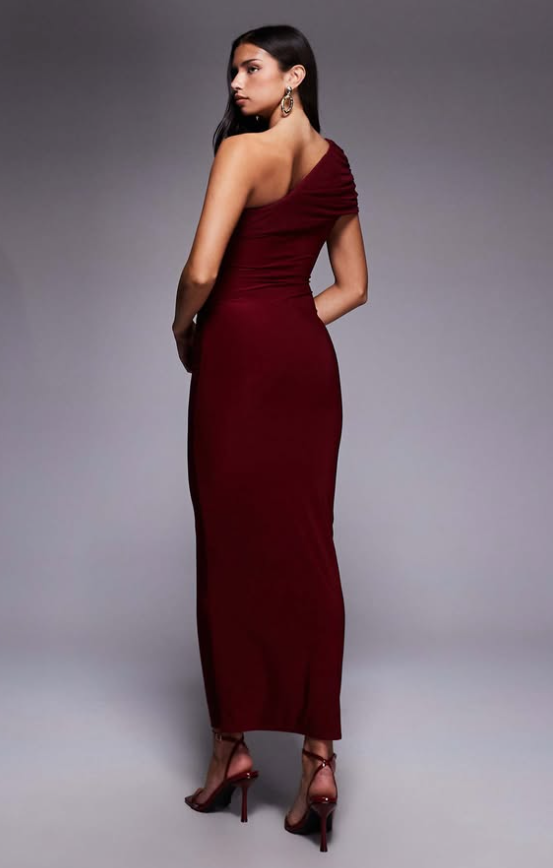 Kaiia - exclusive double layered slinky mesh one shoulder drape detail maxi dress in burgundy