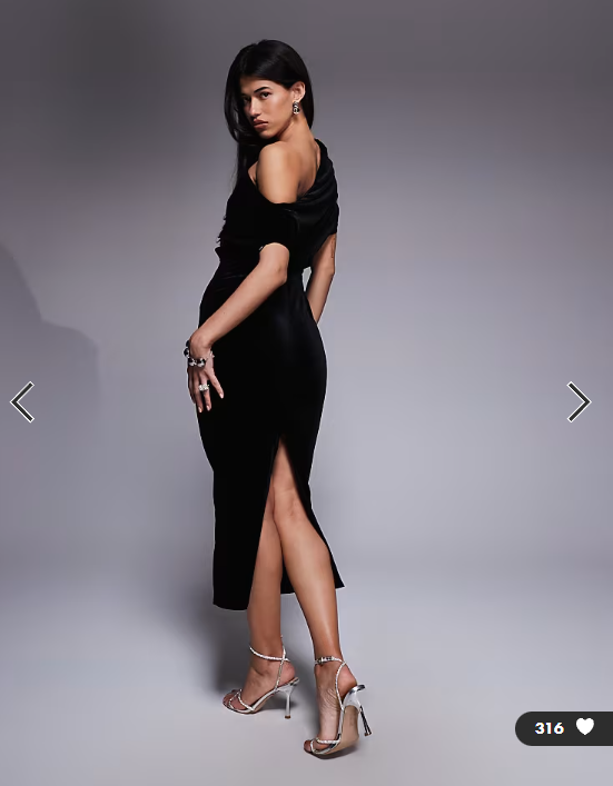 ASOS DESIGN velvet dramatic neckline midi dress with split in black